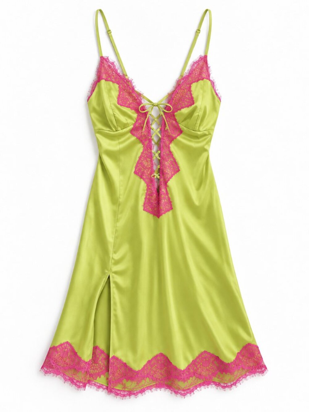 Wolf & Whistle Fuller Bust Plunge Dress Contrast Green and Pink Lace Sleepwear
